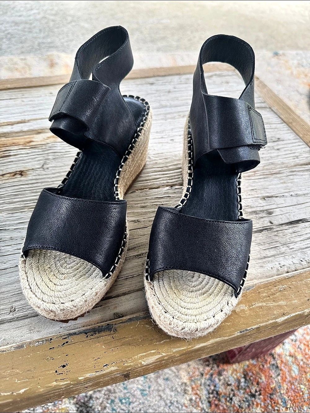 EILEEN FISHER Black Espadrille Wedge Sandals